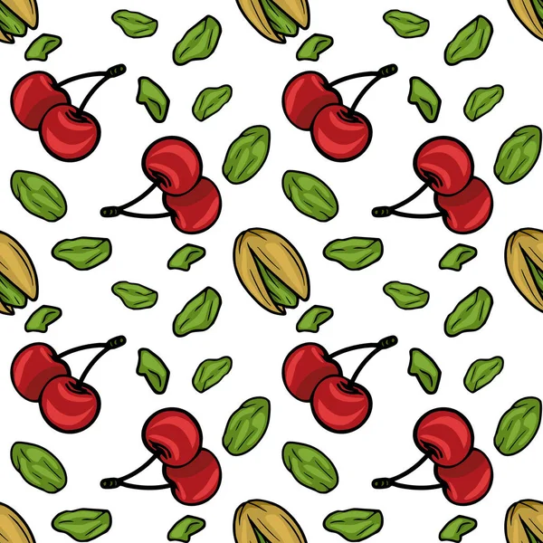 Seamless vector pattern of ripe cherries and shelled pistachios, playful food illustration