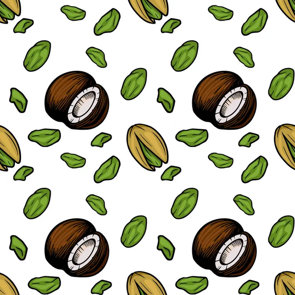 Seamless vector pattern of whole and cracked pistachios with scattered kernels, isolated on white.