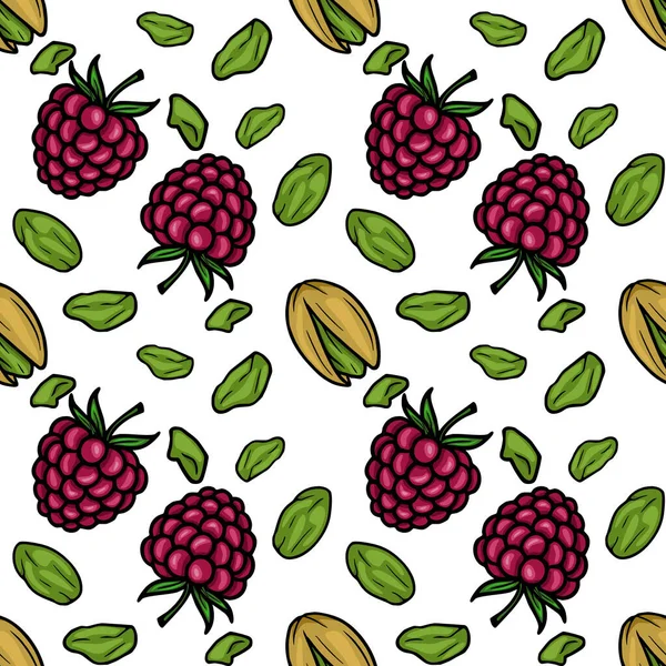 Beyaz arka plana yayılmış canlı ahududular ve yeşil fıstıklardan oluşan kusursuz vektör deseni..