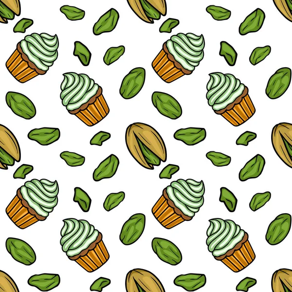 Seamless vector pattern of frosted pistachio cupcakes and loose pistachios