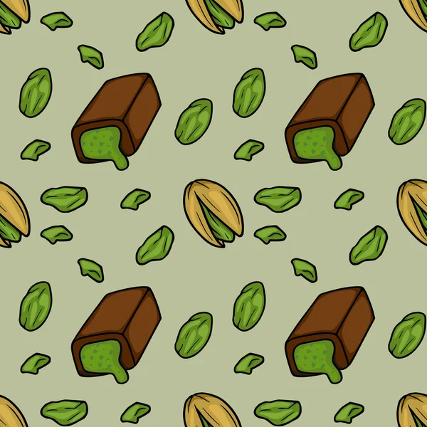 Seamless vector pattern of delicious pistachio chocolate bars and scattered nuts