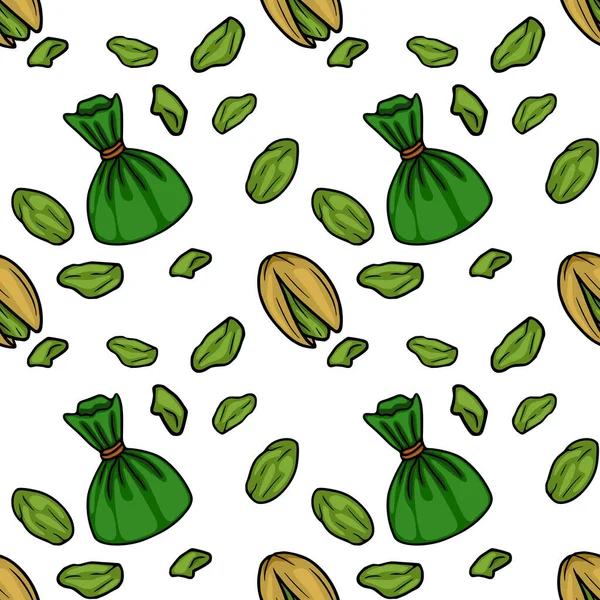 Seamless vector pattern of vibrant green pistachios and gift-wrapped nuts on white background