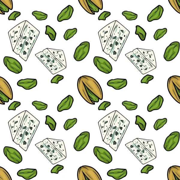 Seamless vector pattern of blue cheese wedges and green pistachios on white background