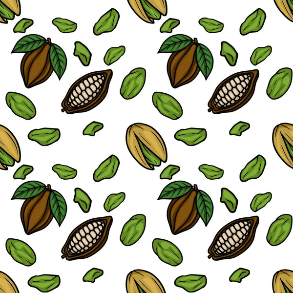 Seamless vector pattern of cocoa pods and pistachios, hand-drawn illustration