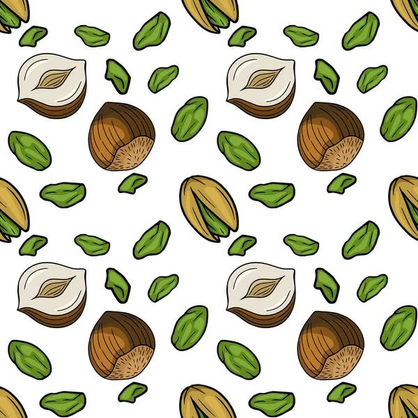 Seamless vector pattern of whole hazelnuts and shelled pistachios, scattered on a white background
