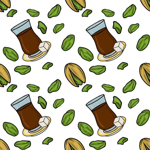 Seamless vector pattern of traditional Turkish tea with pistachios and sugar cubes