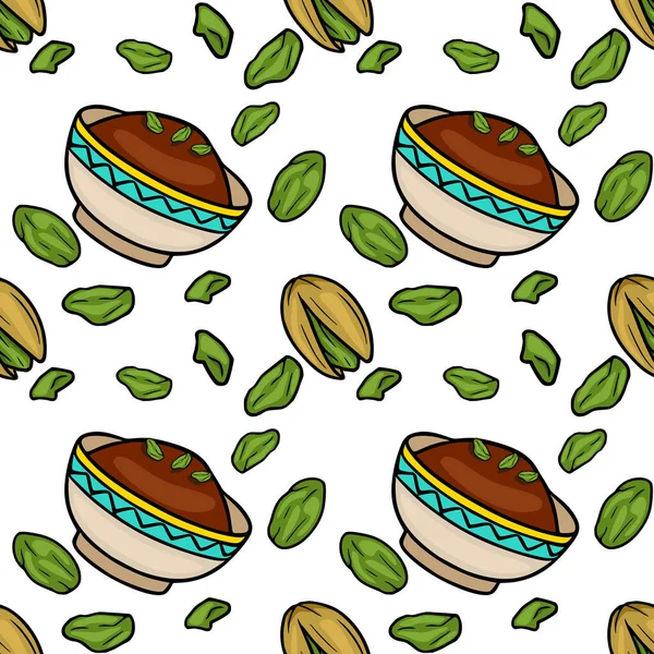 Seamless vector pattern of delicious pistachios and pistachio tea in decorative bowls.