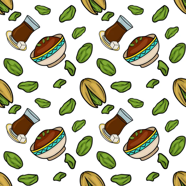 Fıstık ve çayın kusursuz vektör deseni. Yemek ve içecek için mükemmel.