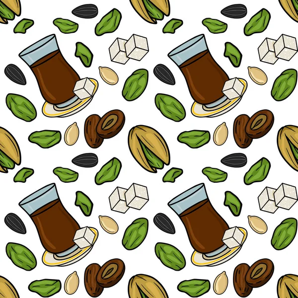 Geleneksel çay bardakları, şam fıstıkları, ayçekirdeği, hurma ve şeker küplerinin kusursuz vektör deseni