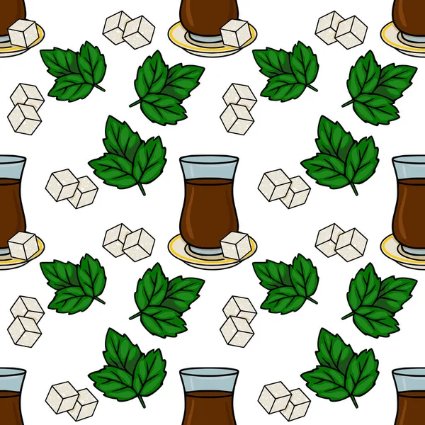 Seamless vector pattern of traditional Turkish tea glasses with mint leaves and sugar cubes