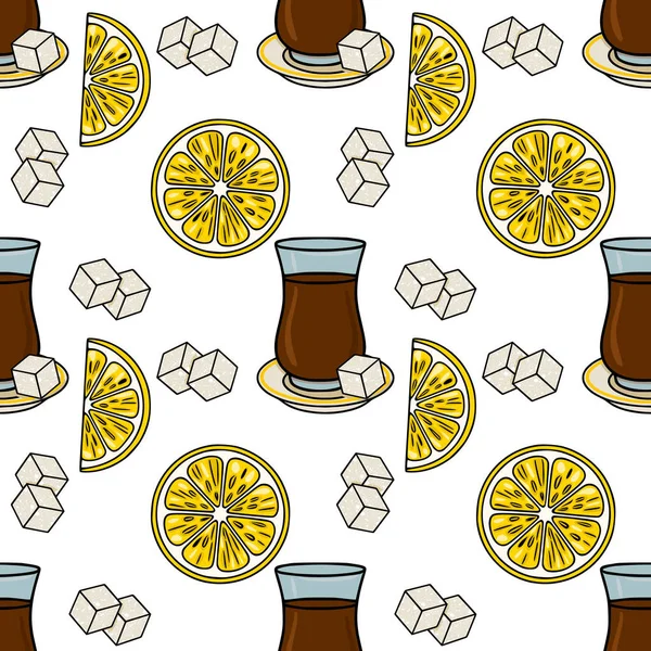 Limon dilimlerinin, şeker küplerinin ve geleneksel çay bardaklarının kusursuz vektör deseni.