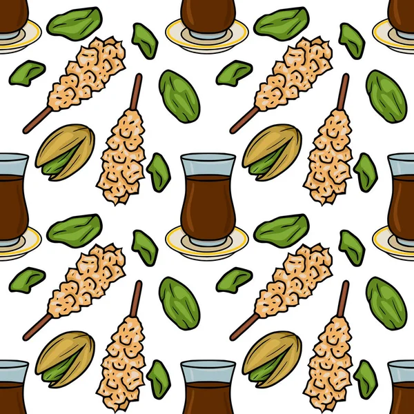 Antep fıstığı, geleneksel Türk çay bardakları ve şeker çubuklarından oluşan kusursuz vektör deseni.