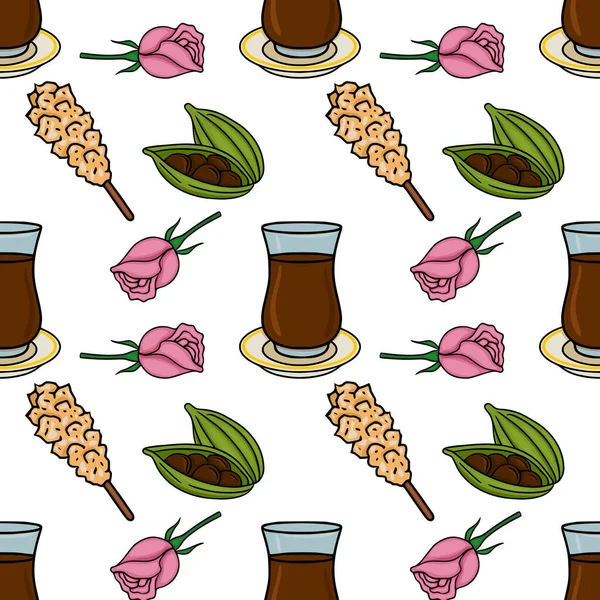 Geleneksel Türk çay bardakları, pembe güller, şam fıstığı kapsülleri ve Türk lezzetlerinin kusursuz vektör deseni.