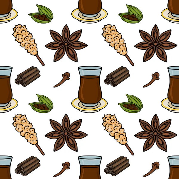 Sıcak baharatların ve sıcak içeceğin kusursuz vektör deseni, mutfak temaları için mükemmel.