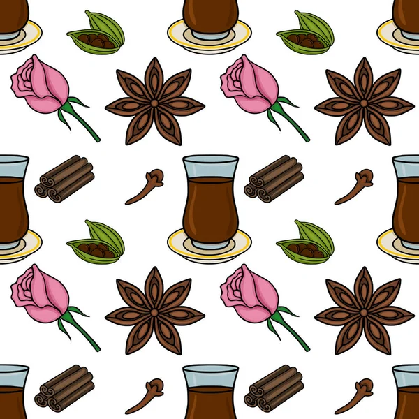 Yıldız anason, tarçın, karanfil, kakule, pembe güller ve baharatlı çay fincanları da dahil olmak üzere egzotik baharatların ve çiçeklerin kusursuz vektör deseni..