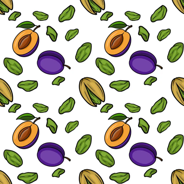 Seamless vector pattern of whole and halved plums with green leaves and pistachios