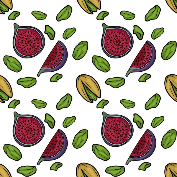 Beyaz arka planda dilimlenmiş incir ve şam fıstığının kusursuz vektör deseni