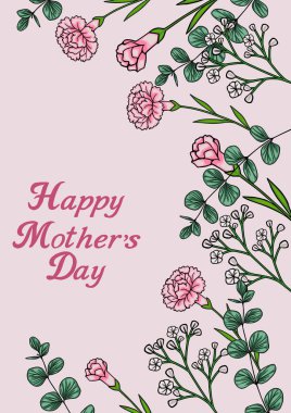 Anneler Günün kutlu olsun. Üzerinde pembe karanfiller ve okaliptüs dalları olan çiçek taşıyıcısı posteri.