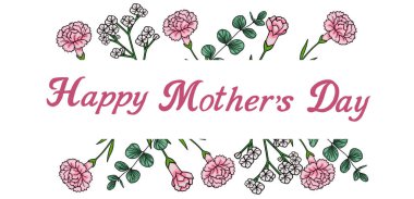 Pembe karanfilli ve okaliptüs dallı Anneler Günü vektör bayrağınız kutlu olsun.