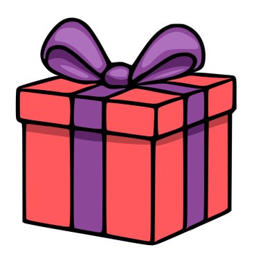 Beyaz arka planda izole edilmiş mor bir fiyonklu kırmızı bir hediye kutusunun şirin vektör çizimi.