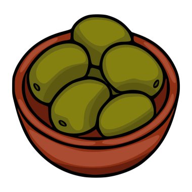 Beyaz üzerine izole edilmiş taşra kil kasesinde yeşil zeytinlerin çizimi