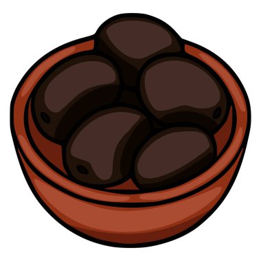 Koyu, parlak zeytinlerle dolu taşralı bir kil kasesinin vektör çizimi.