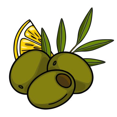 Taze limon dilimi ve yeşil yapraklı olgun zeytinlerin canlı çizimi