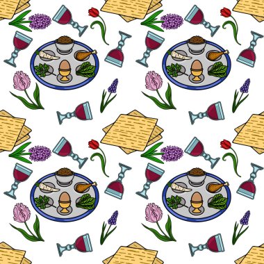 Hamursuz Bayramı tabağı öğeleri, matza ve bahar çiçeklerinin kusursuz vektör deseni