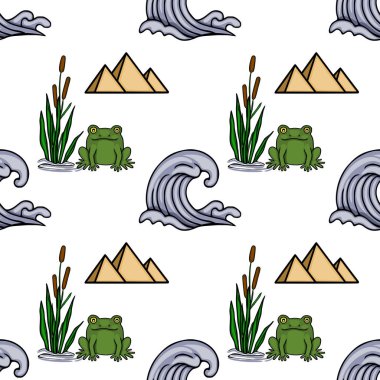 Çizgi film kurbağaları, kuyruk kuyrukları, piramitler ve dalgaların kusursuz vektör deseni