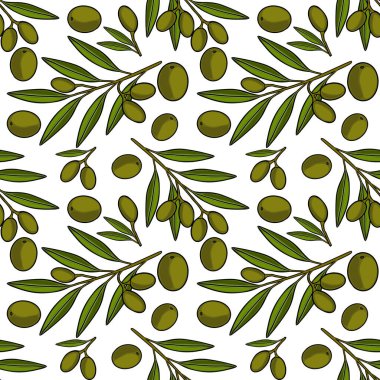 Beyaz arka planda yaprakları olan taze yeşil zeytinlerin kusursuz vektör deseni