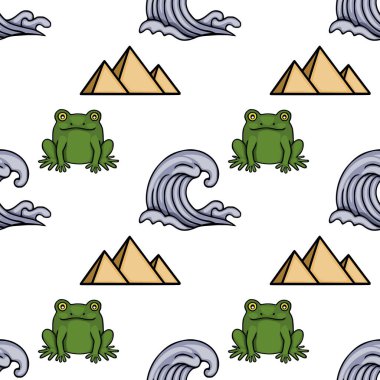 Mısır piramitlerinin, kurbağaların ve dalgaların kusursuz vektör çizimi, oyuncu tasarım