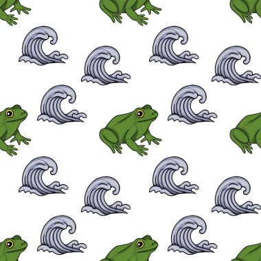 Yeşil kurbağaların kusursuz vektör deseni ve beyaz zemin üzerinde stilize edilmiş mavi dalgalar