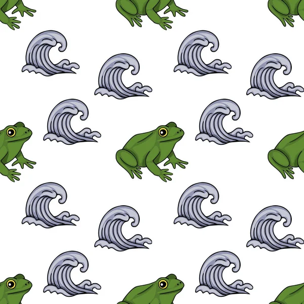 Yeşil kurbağaların kusursuz vektör deseni ve beyaz zemin üzerinde stilize edilmiş mavi dalgalar