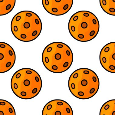 Siyah delikli turuncu picleball toplarının kusursuz vektör deseni, oyuncu spor arka plan illüstrasyonu