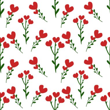 Yeşil saplı ve beyaz arkaplanda yaprakları olan biçimlendirilmiş kırmızı kalp şeklindeki çiçeklerin kusursuz vektör deseni.
