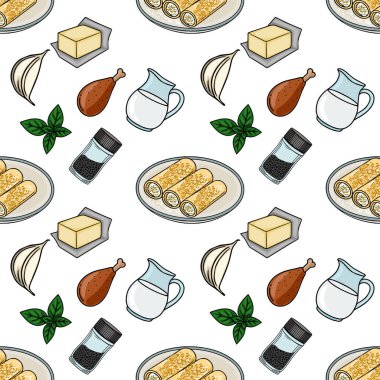 Lezzetli yemek malzemelerinin ve içi doldurulmuş cannelloni, tavuk budu, tereyağı, süt, sarımsak, fesleğen ve biberlik içeren yemeklerin kusursuz vektör deseni..