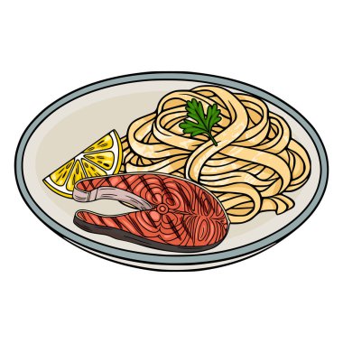 Tabakta makarna ve limonla ızgara somon bifteğinin vektör çizimi