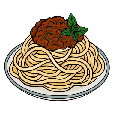 Lezzetli spagetti Bolonez vektör illüstrasyonu. Tabakta taze fesleğen ve garnitür.