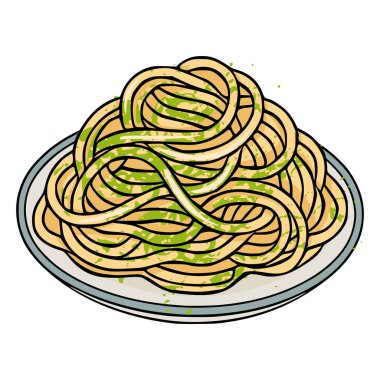 Beyaz üzerine izole edilmiş pesto soslu lezzetli bir spagetti tabağının vektör çizimi.