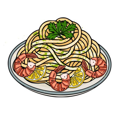 Karides ve limon dilimli, taze maydanozla süslenmiş makarna..