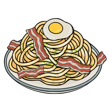 Pastırmalı ve kızarmış yumurtalı spagettinin lezzetli vektör çizimi.