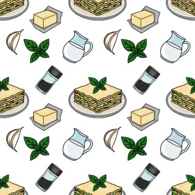 Lezzetli lazanya dilimlerinin kusursuz vektör deseni fesleğen, tereyağı, sarımsak, süt sürahisi ve biberlik..