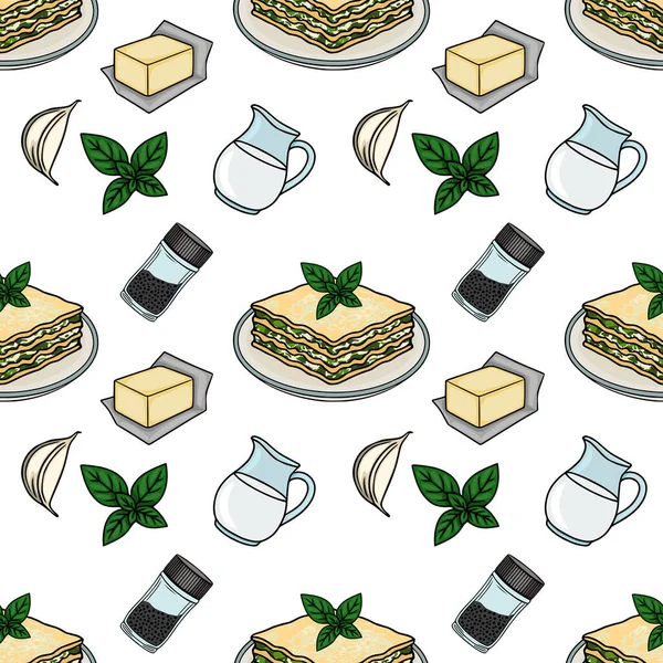 Lezzetli lazanya dilimlerinin kusursuz vektör deseni fesleğen, tereyağı, sarımsak, süt sürahisi ve biberlik..