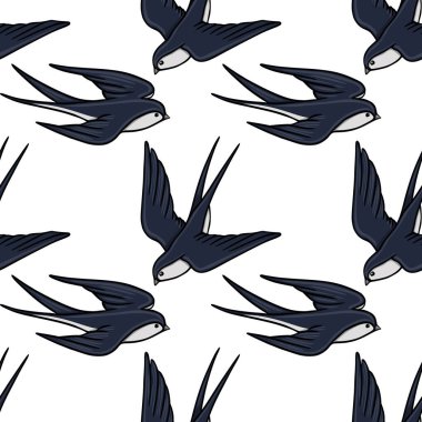 Koyu mavi kırlangıçların kusursuz vektör deseni beyaz arka plana doğru uçarken
