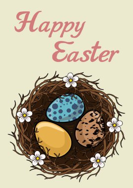 Kuş yuvası ve süslü yumurtalarla Mutlu Paskalya vektör posteri