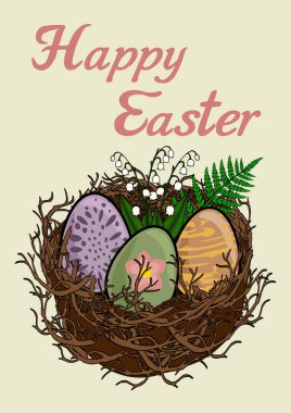 Yuvasında süslü yumurtalar olan mutlu Paskalya vektörü posteri, vadinin zambağı ve eğreltiotu.