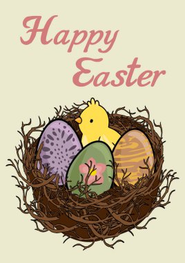 Süslü yumurtalarla dolu bir yuvadaki sevimli bir civcivin mutlu Paskalya vektör posteri.