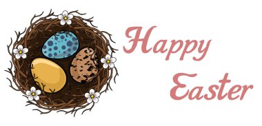 Yuvalı, süslü yumurtalı, narin çiçekli mutlu Paskalya vektörü bayrağı.