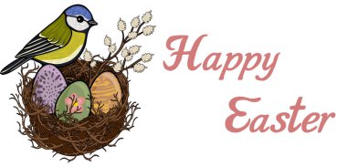 Happy Easter vector banner with a titmouse bird in a nest with decorative eggs and pussy willow branches