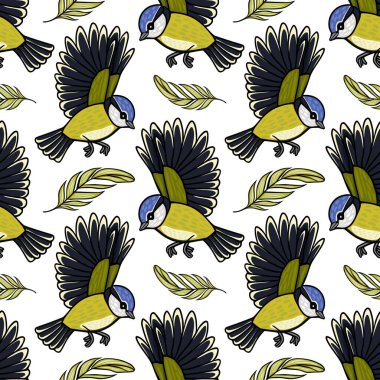 Seamless vector pattern of flying blue tits and stylized feathers, charming bird illustration